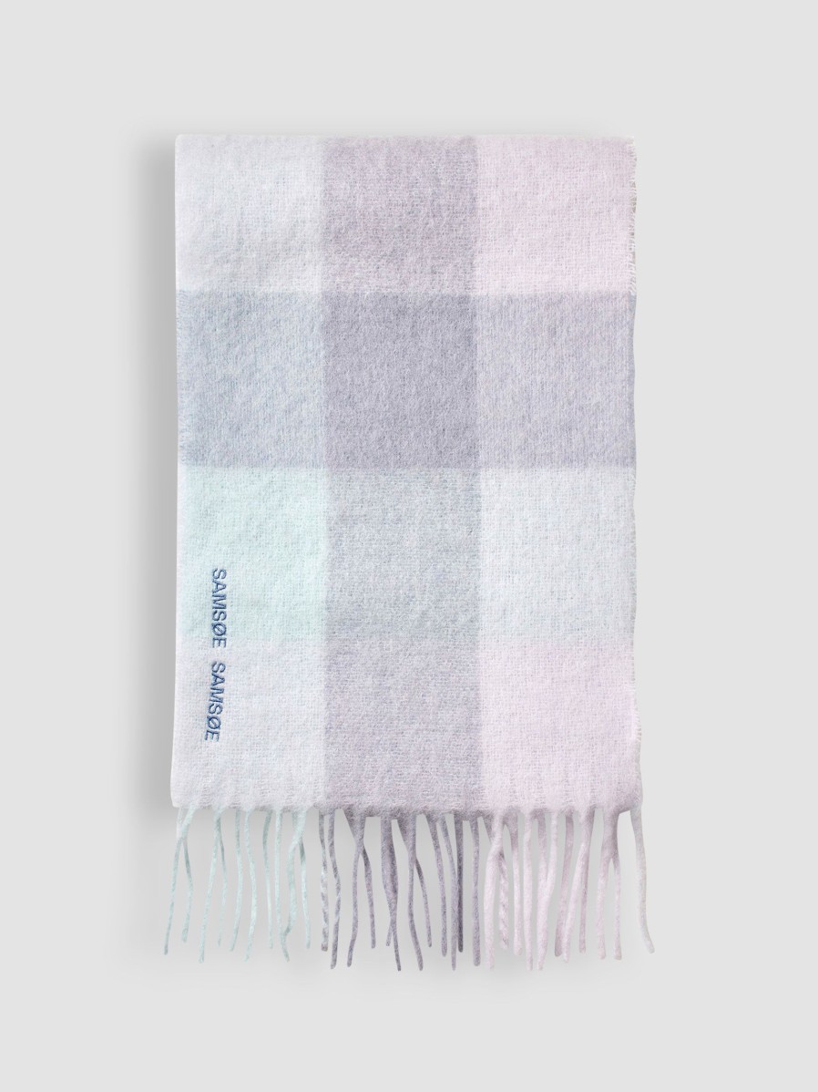 Women Samsoe Samsoe Scarves | Alex, Mohair Mix Scarf With Checkered Pattern Ice Blue