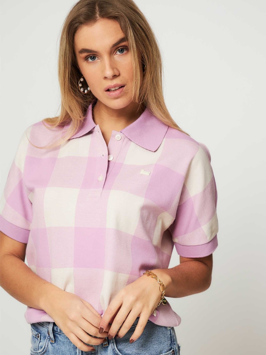 Women Woolrich Tops And Blouses | American, Cotton Mix Top With Checkered Pattern Lilac