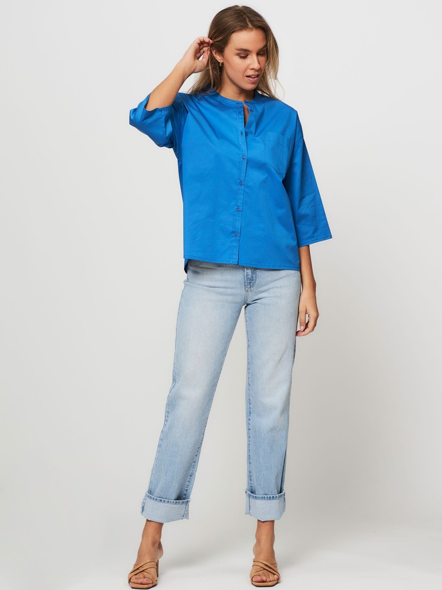 Women Nathalie Vleeschouwer Tops And Blouses | Bliss, Cotton Mix Poplin Blouse Blue