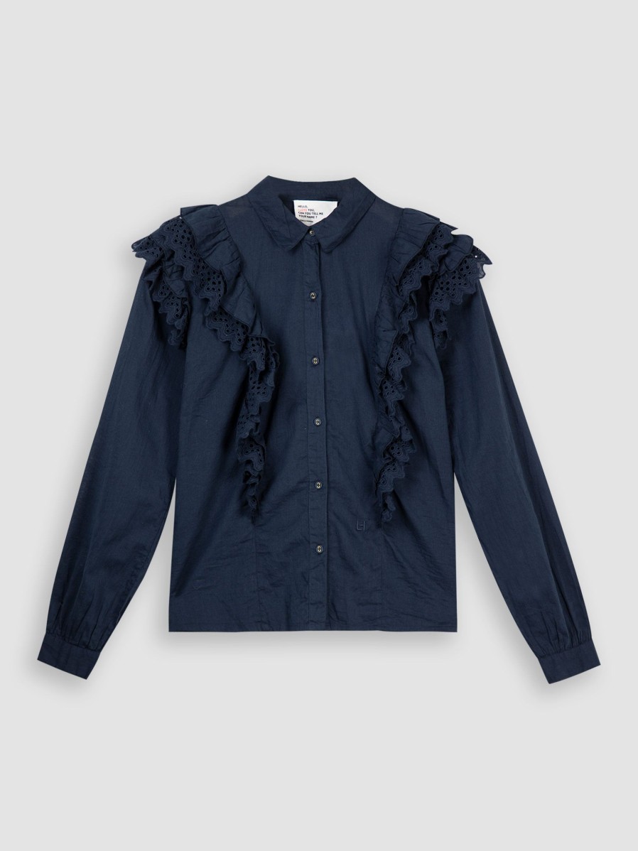 Women Leon and Harper Tops And Blouses | Cabane, Organic Cotton Blouse With Frills Dark Blue