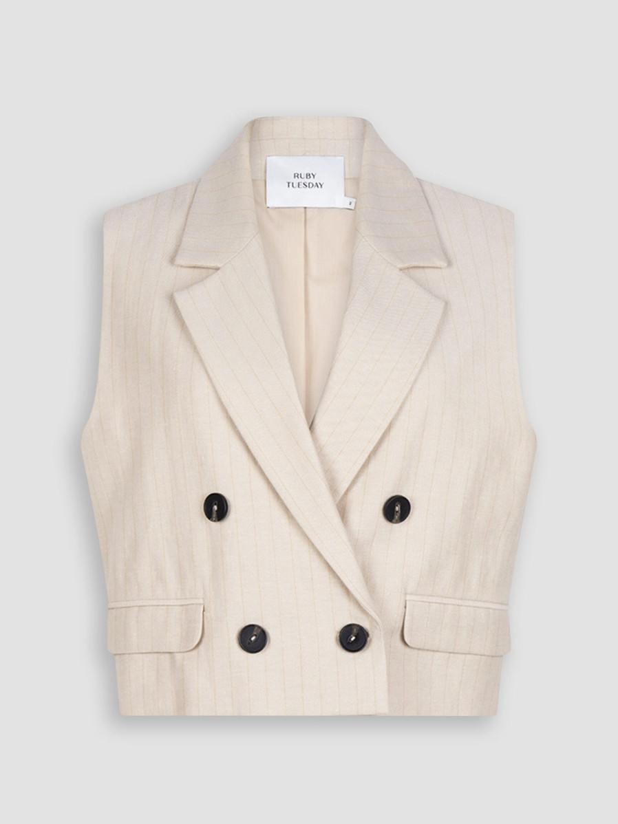 Women Ruby Tuesday Blazers And Jackets | Roz, Linen Mix Gilet With Striped Pattern Sand