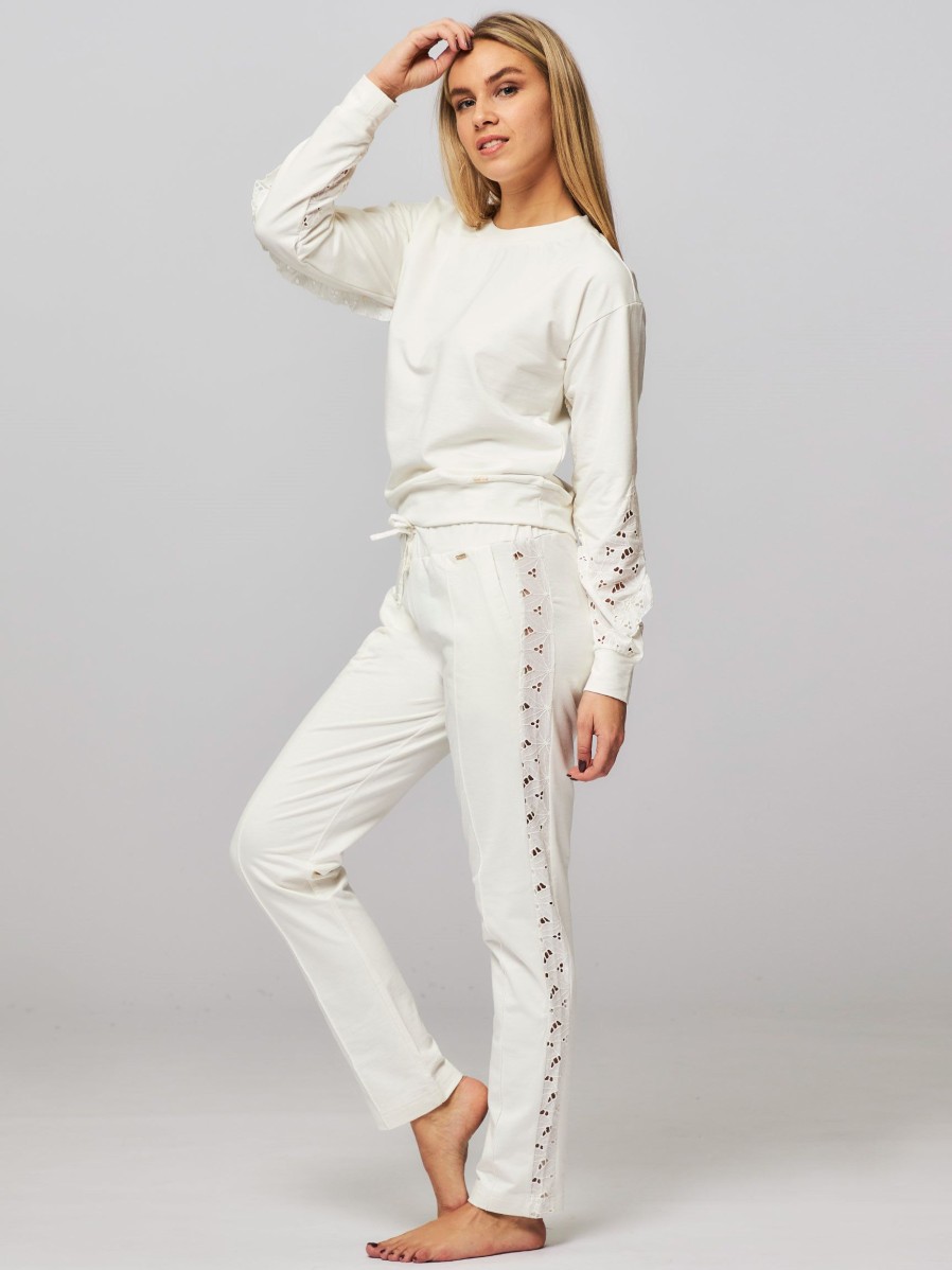 Women Cyell Home And Sportswear | Ajour, Cotton Mix Trousers With Embroidery Off White