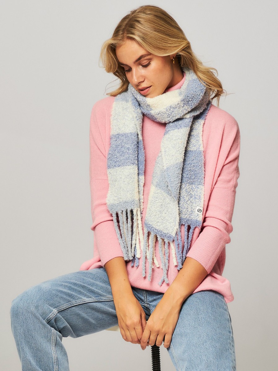 Women Becksondergaard Scarves | Alpaca Mix Teddy Scarf With Checkered Pattern Light Blue