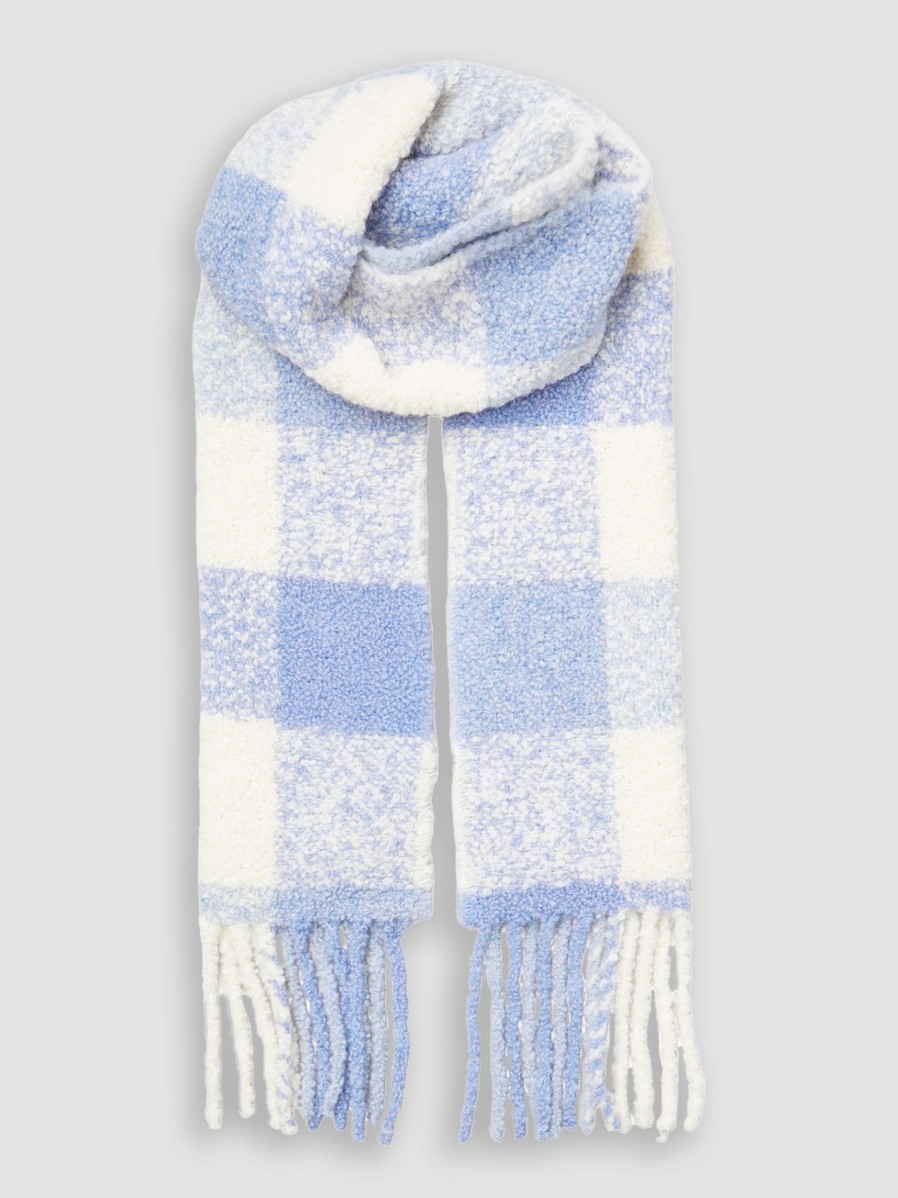 Women Becksondergaard Scarves | Alpaca Mix Teddy Scarf With Checkered Pattern Light Blue