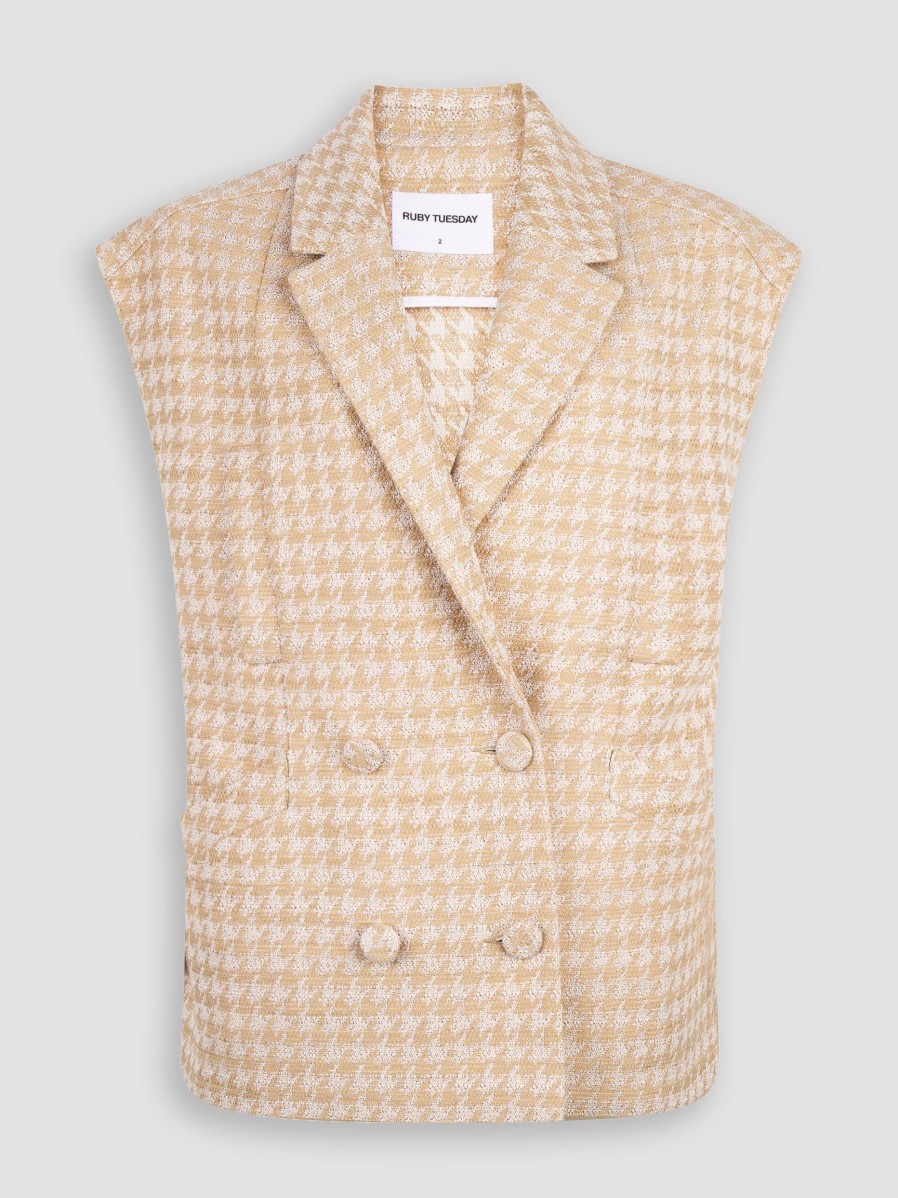 Women Ruby Tuesday Blazers And Jackets | Muze, Cotton Mix Pied De Poule Gilet Camel