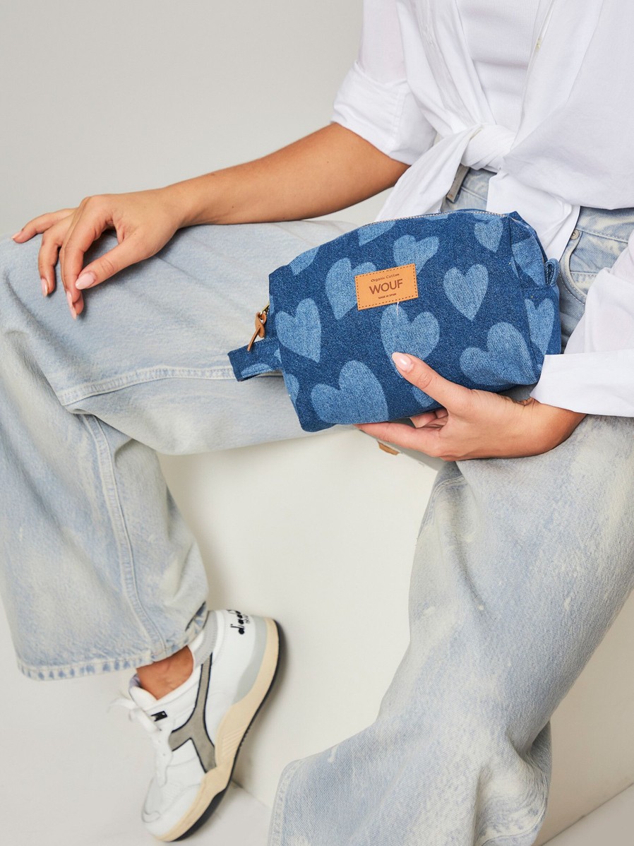 Women Wouf Bags | Cuore, Denim Make-Up Bag With Print Blue