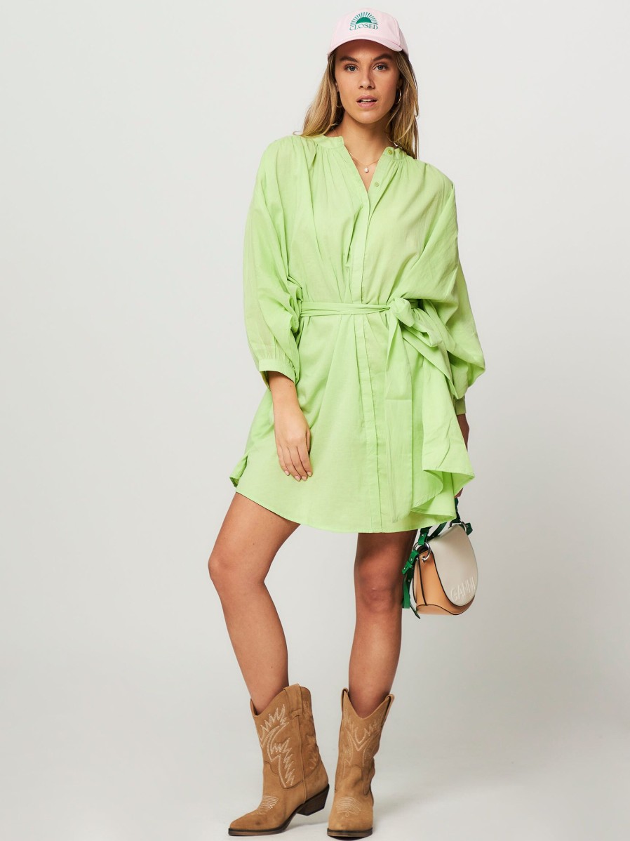 Women Sea Me Happy Dresses And Tunics | Cotton Button Down Dress Lime Green