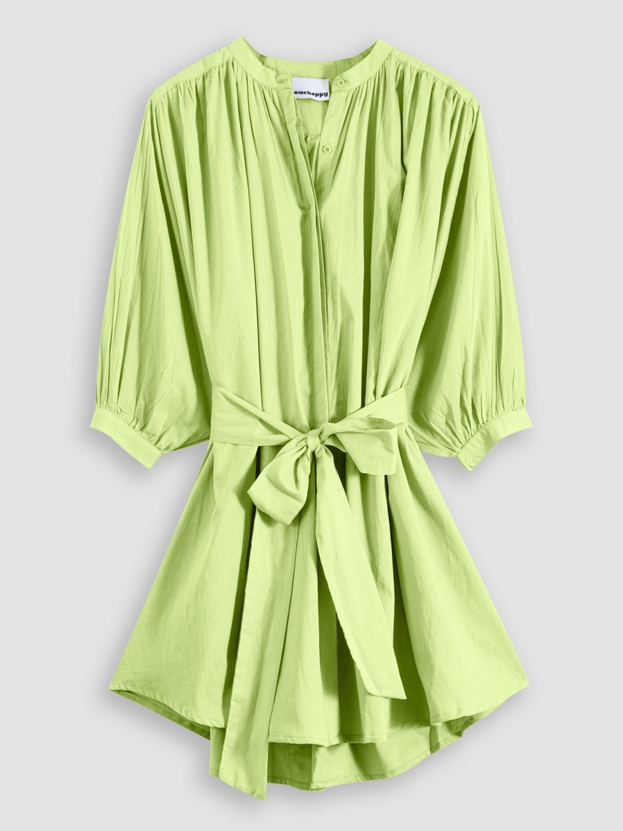 Women Sea Me Happy Dresses And Tunics | Cotton Button Down Dress Lime Green