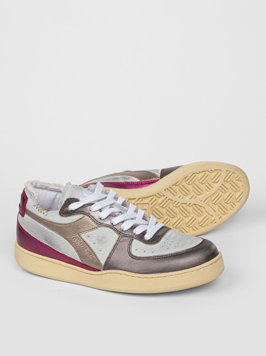 Women Diadora Sneakers | Mi Basket Row Cut, Leather Metallic Sneakers Bright Pink