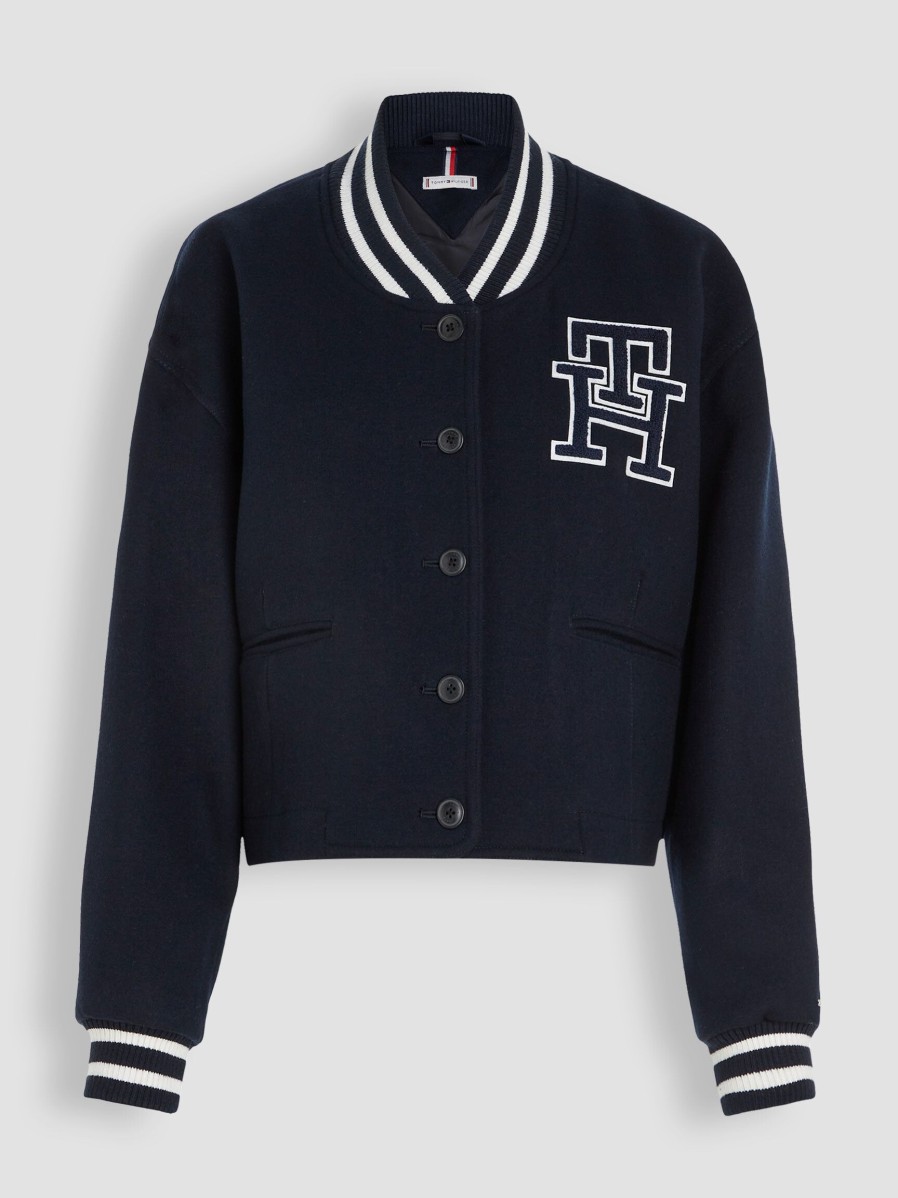 Women Tommy Hilfiger Outerwear | Wool Mix Logo Bomber Jacket Dark Blue